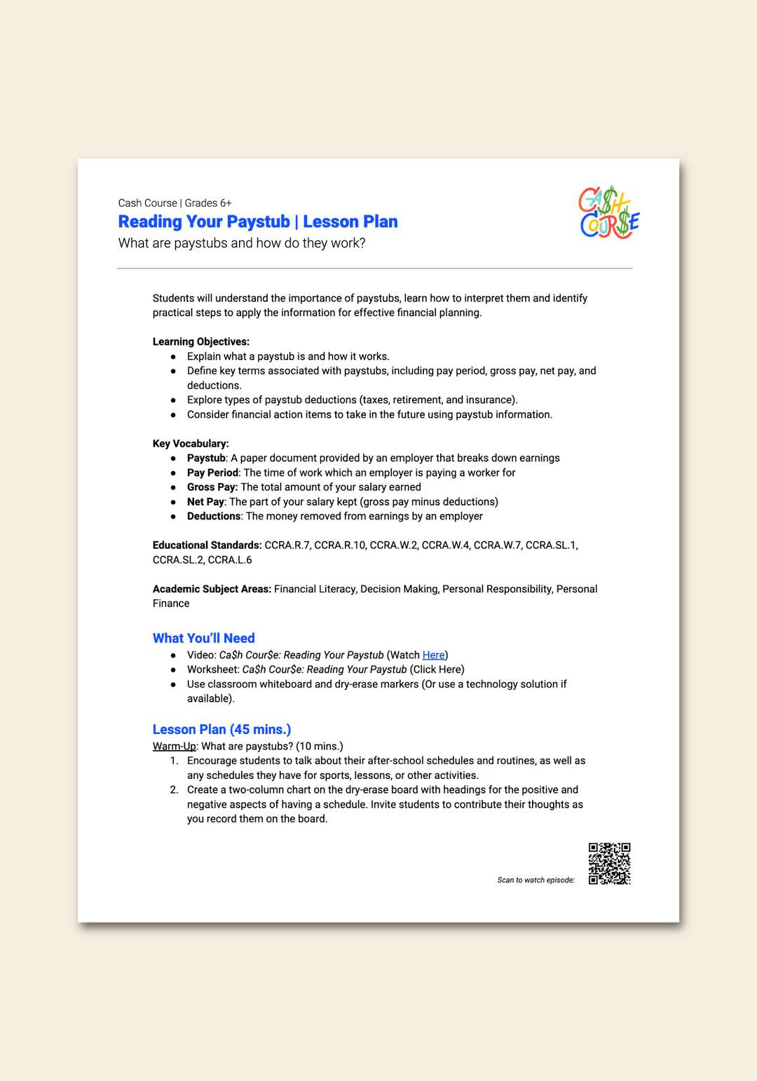 "Cash Course: Reading Your Paystub" Lesson Plan