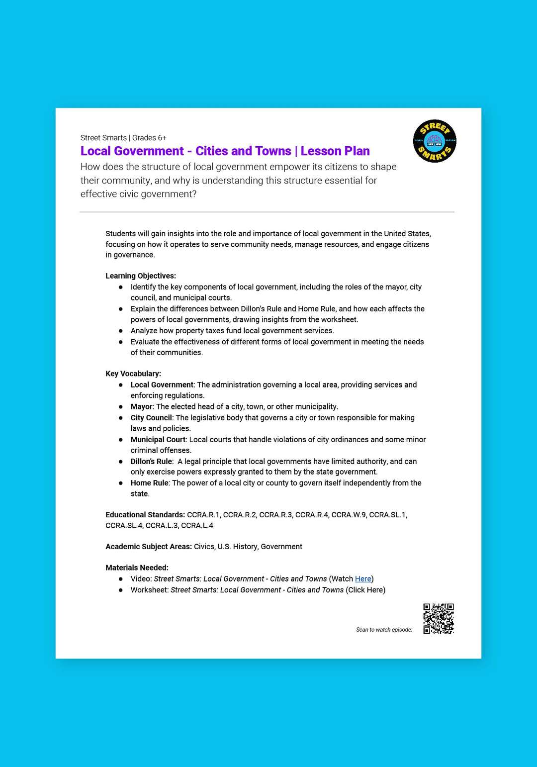 "Street Smarts: Local Government - Cities and Towns" Lesson Plan