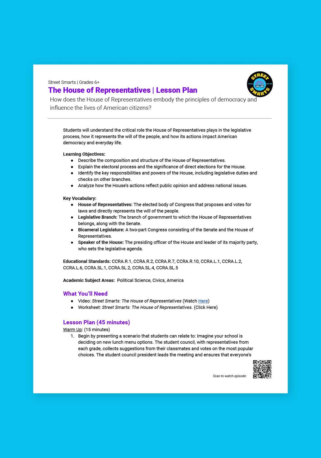 "Street Smarts: The House of Representatives" Lesson Plan