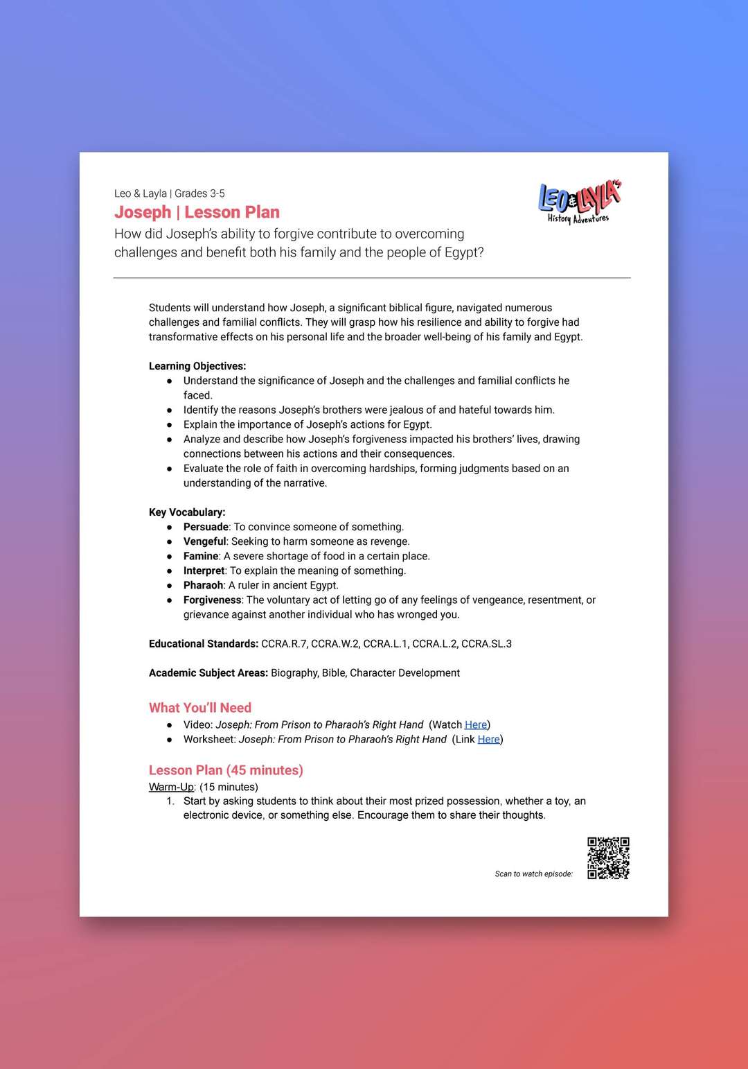 "Leo & Layla: Joseph" Lesson Plan