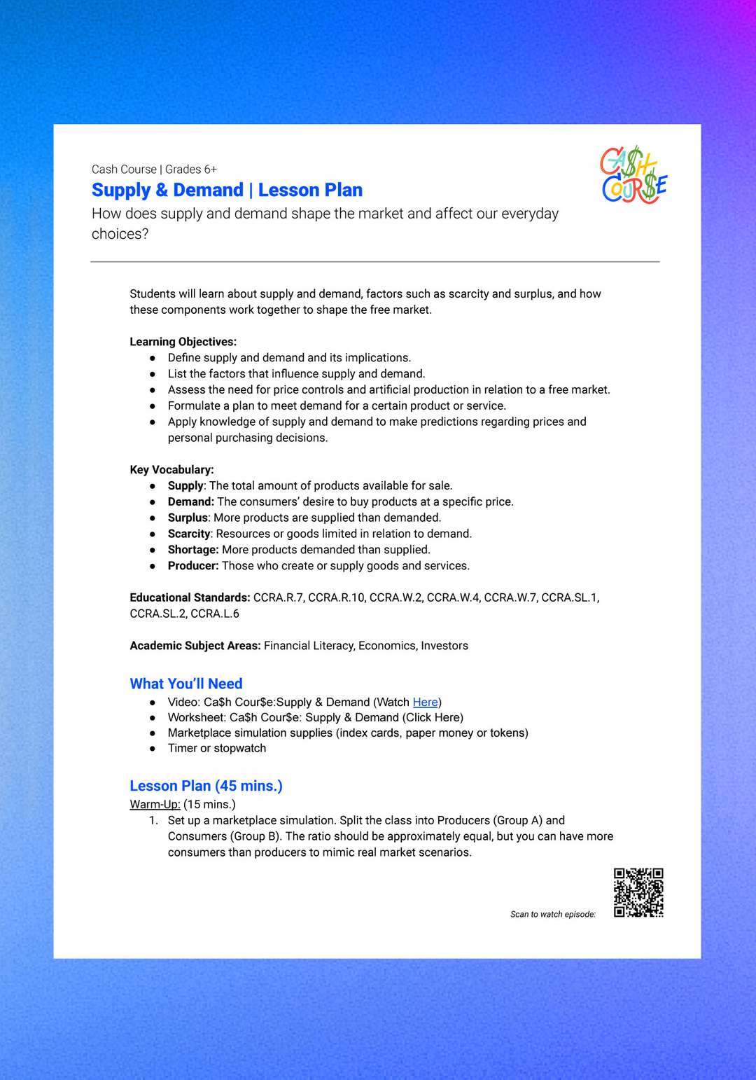 "Cash Course: Supply & Demand" Lesson Plan