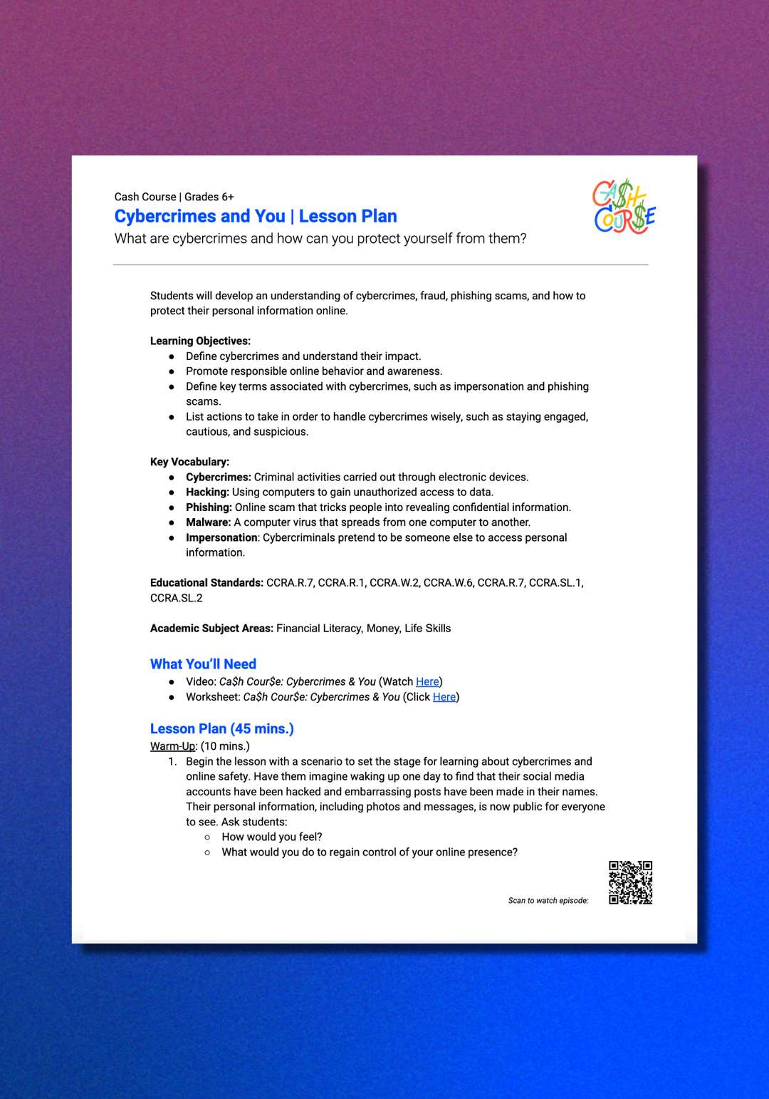 "Cash Course: Cybercrimes and You" Lesson Plan