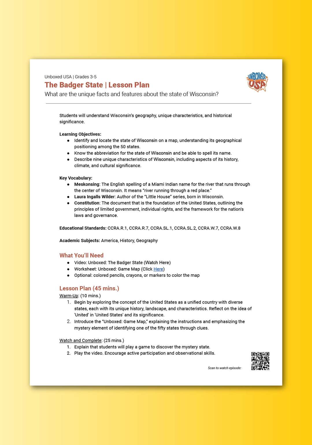 "Unboxed, USA: The Badger State" Lesson Plan