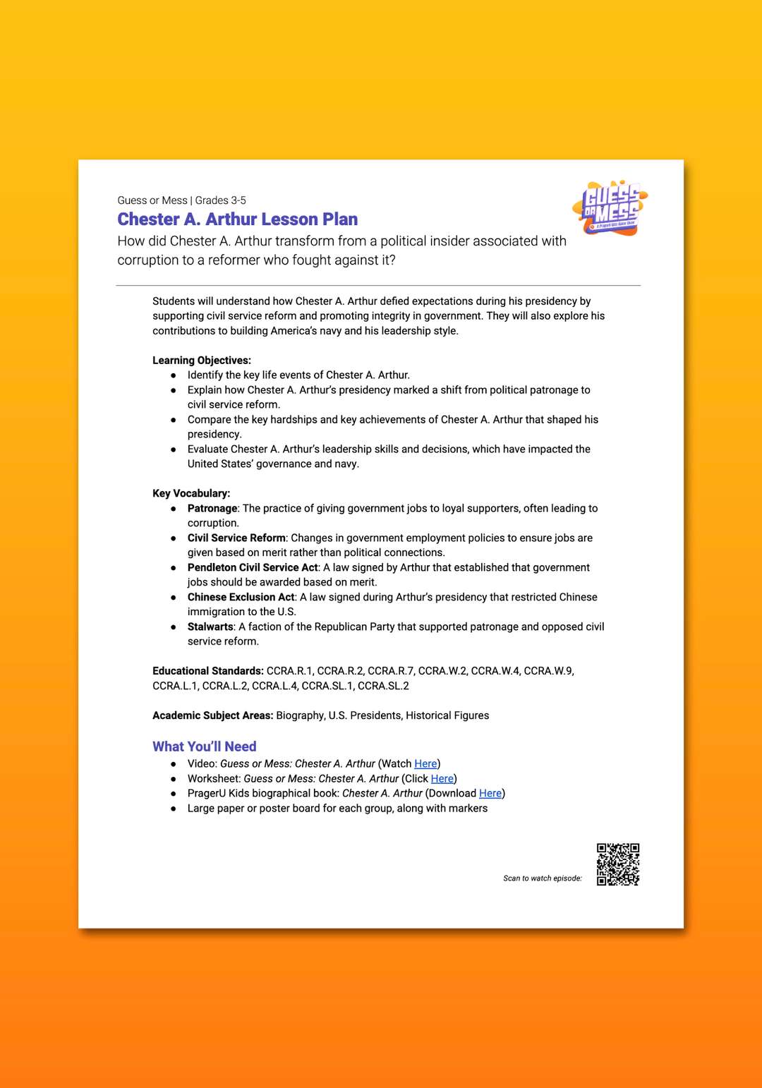 "Guess or Mess: Chester A. Arthur" Lesson Plan