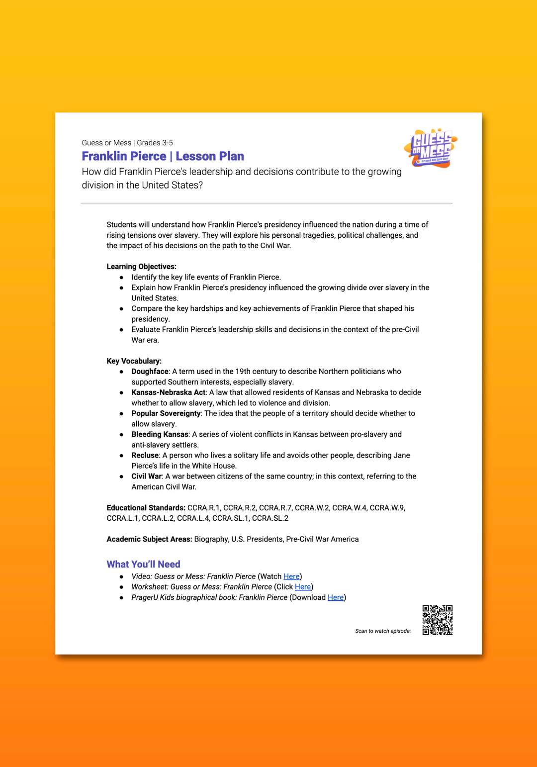 "Guess or Mess: Franklin Pierce" Lesson Plan 