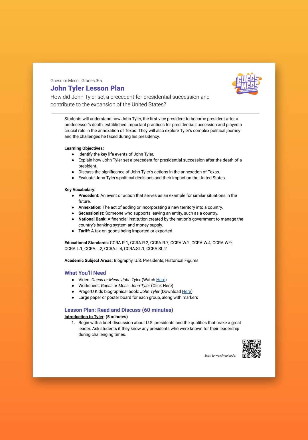 "Guess or Mess: John Tyler" Lesson Plan 