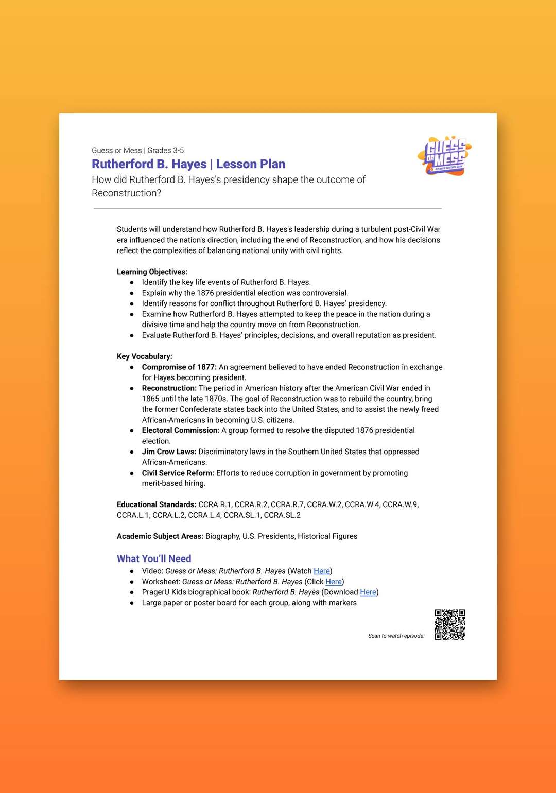 "Guess or Mess: Rutherford B. Hayes" Lesson Plan 