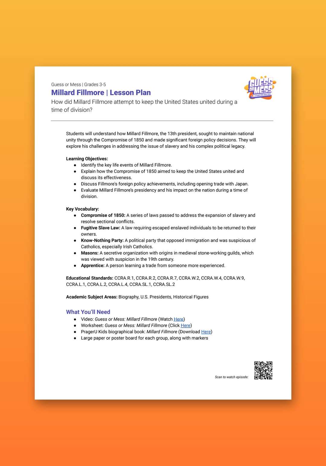 "Guess or Mess: Millard Fillmore" Lesson Plan 