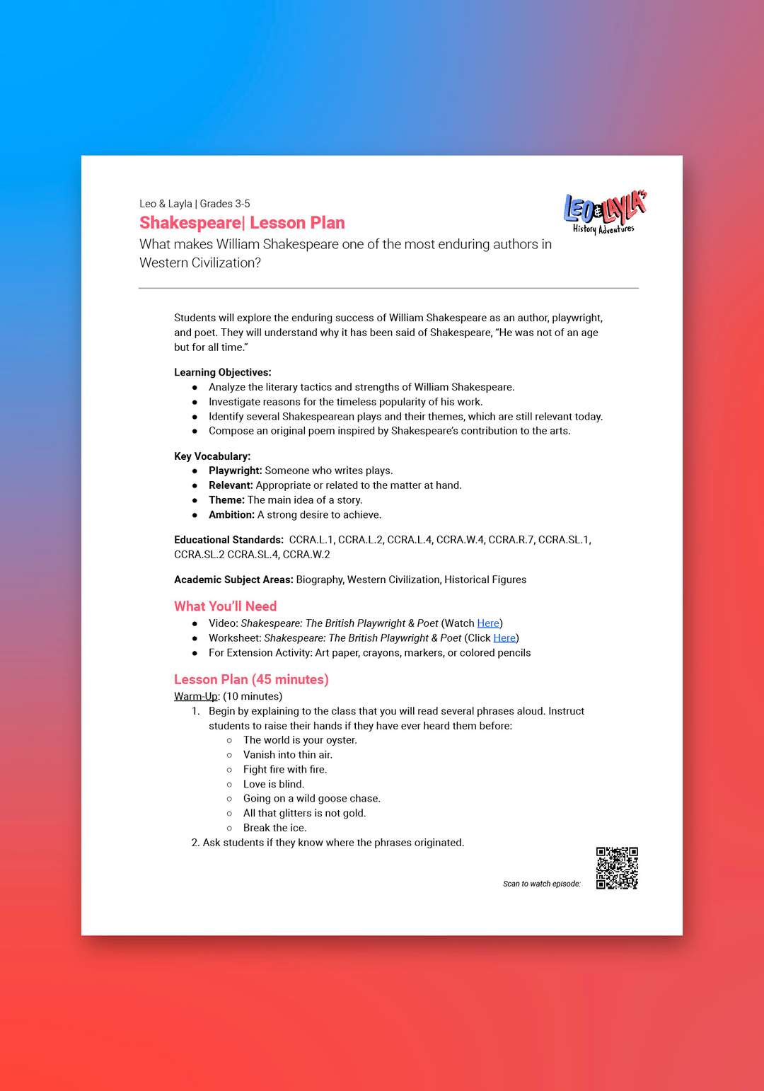 "Leo & Layla: Shakespeare" Lesson Plan