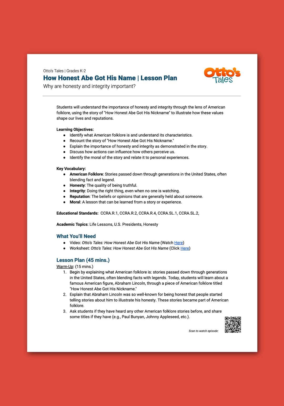 "Otto's Tales: How Honest Abe Got His Name" Lesson Plan 