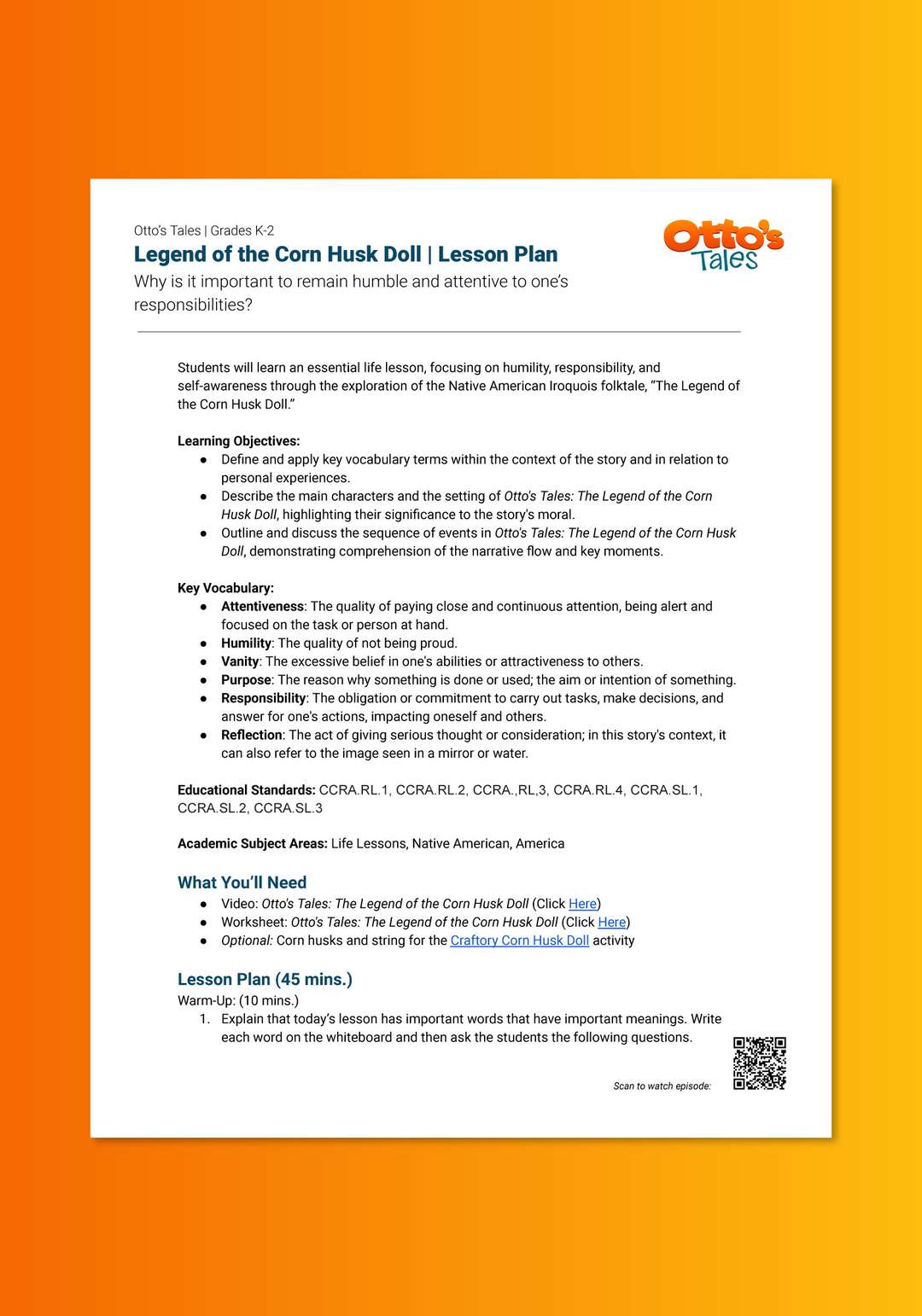 "Otto's Tales: Legend of the Corn Husk Doll" Lesson Plan 