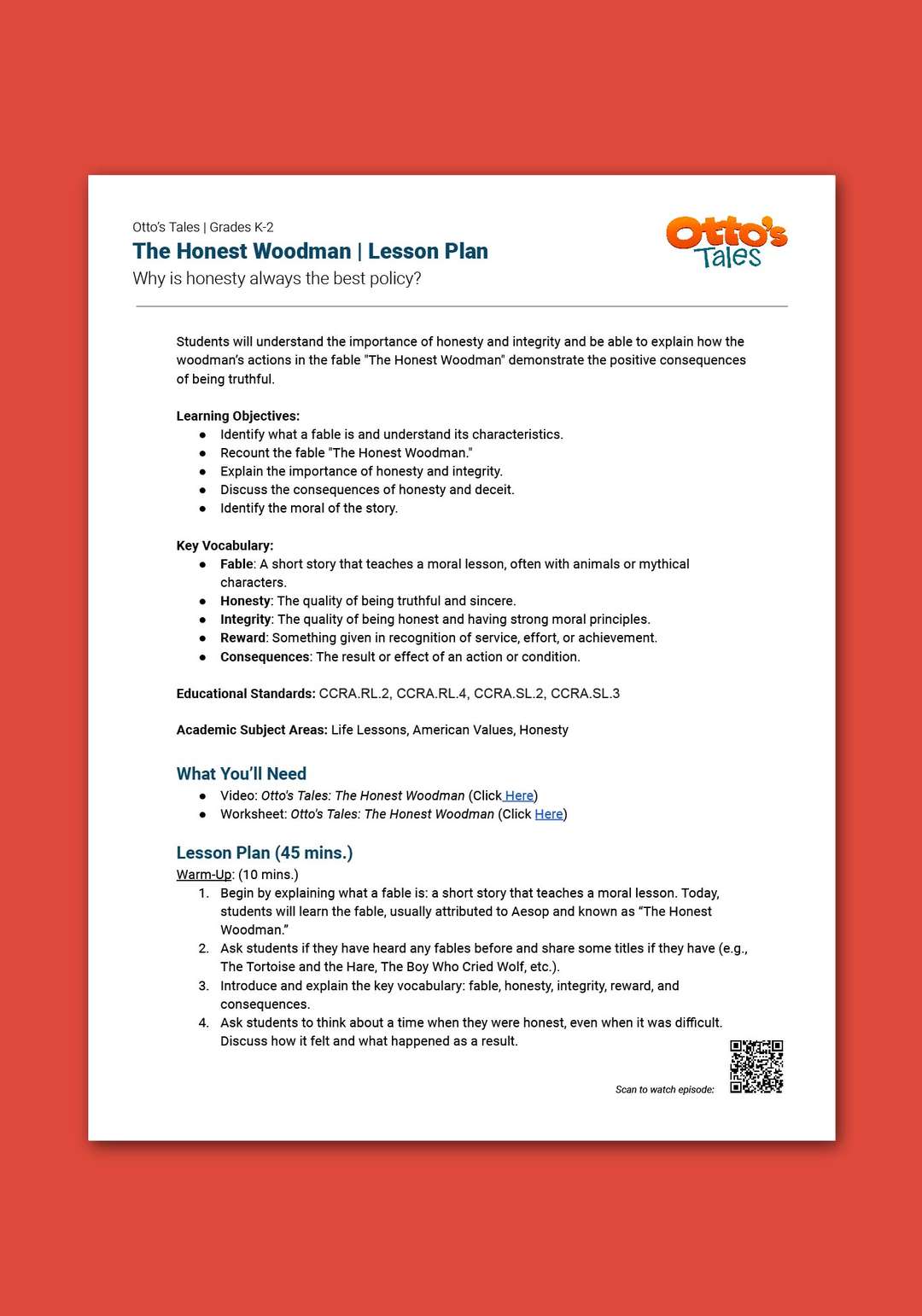 "Otto's Tales: The Honest Woodman" Lesson Plan 