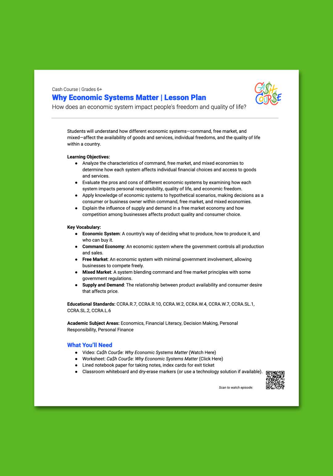 "Cash Course: Why Economic Systems Matter" Lesson Plan