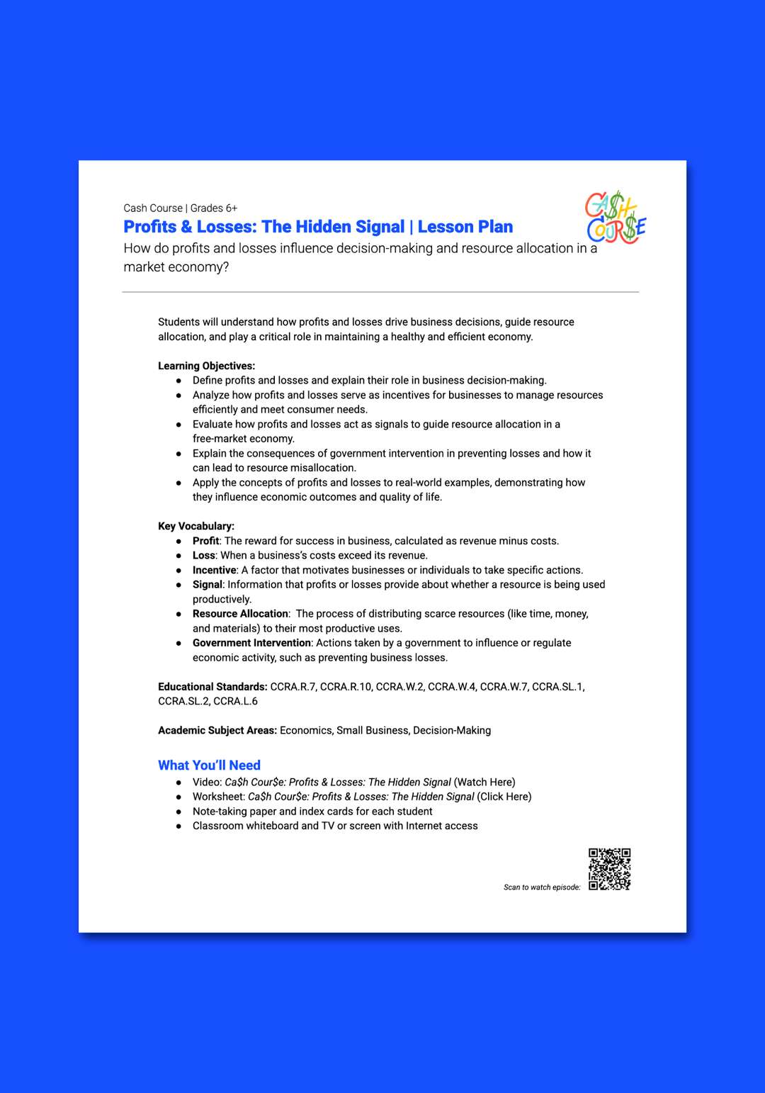 "Cash Course: Profits & Losses: The Hidden Signal" Lesson Plan