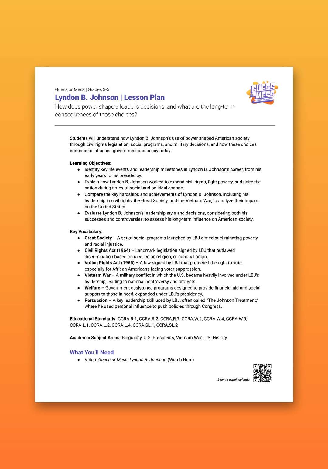 "Guess or Mess: Lyndon B. Johnson" Lesson Plan