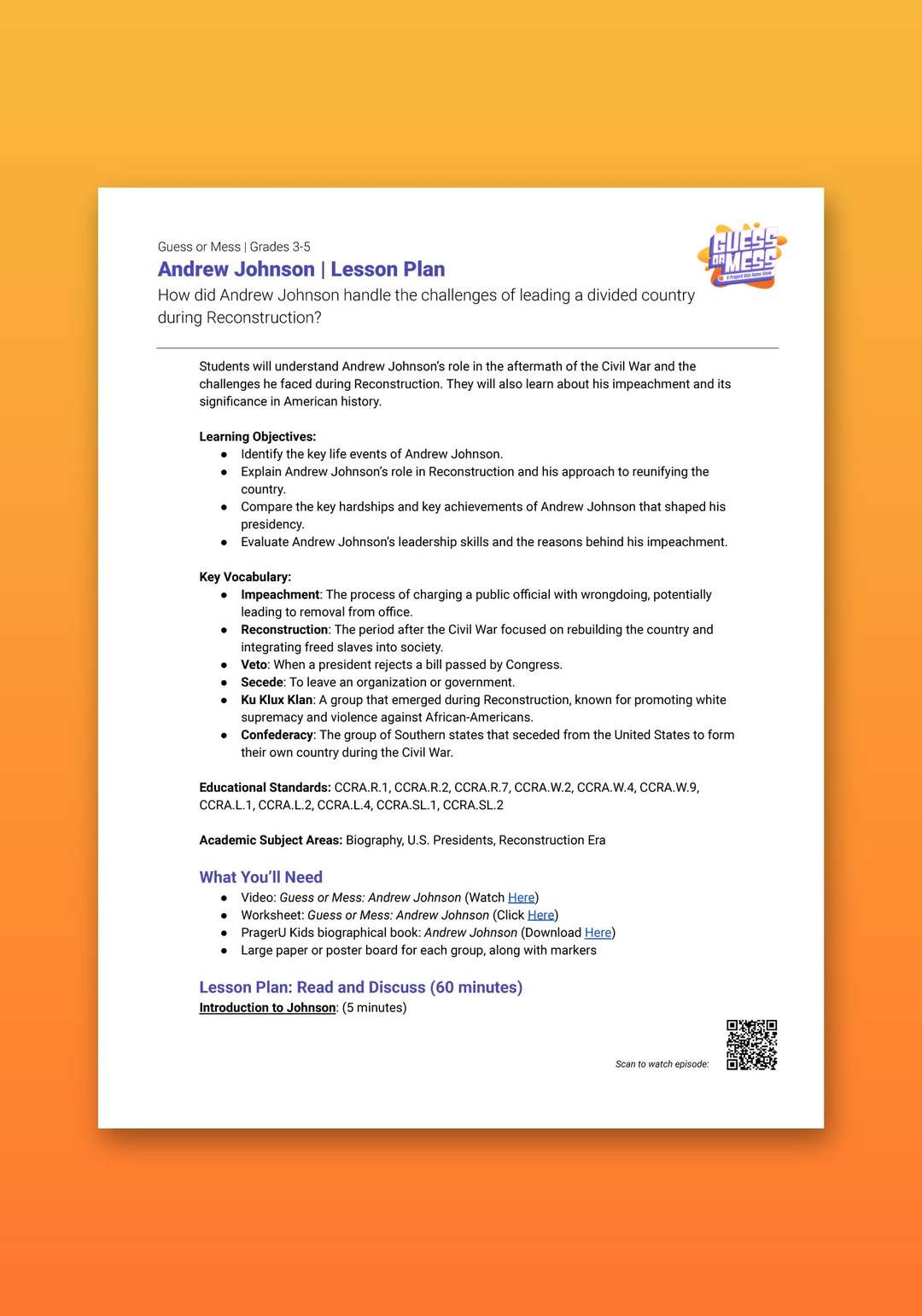 "Guess or Mess: Andrew Johnson" Lesson Plan 