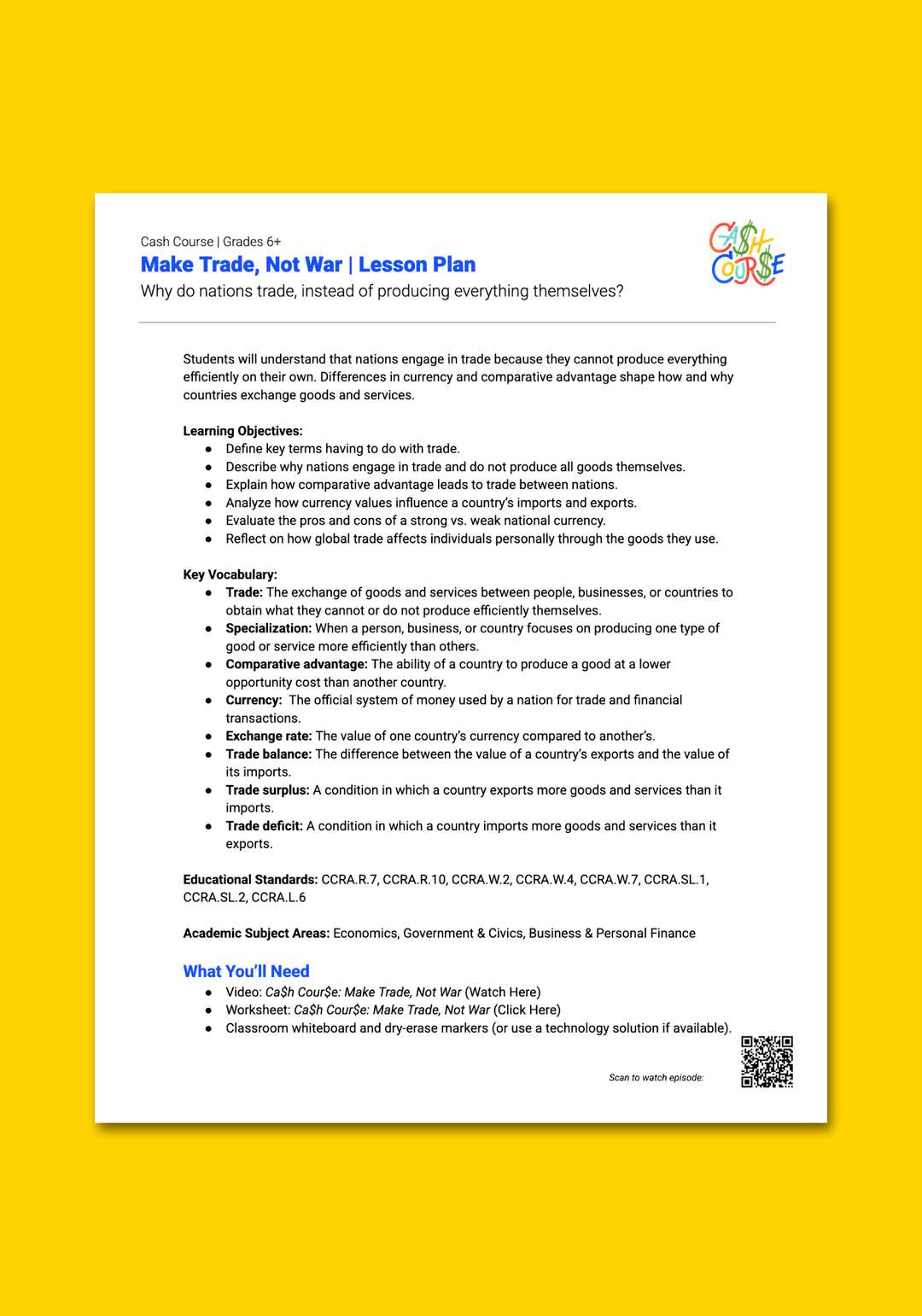 "Cash Course: Make Trade, Not War" Lesson Plan