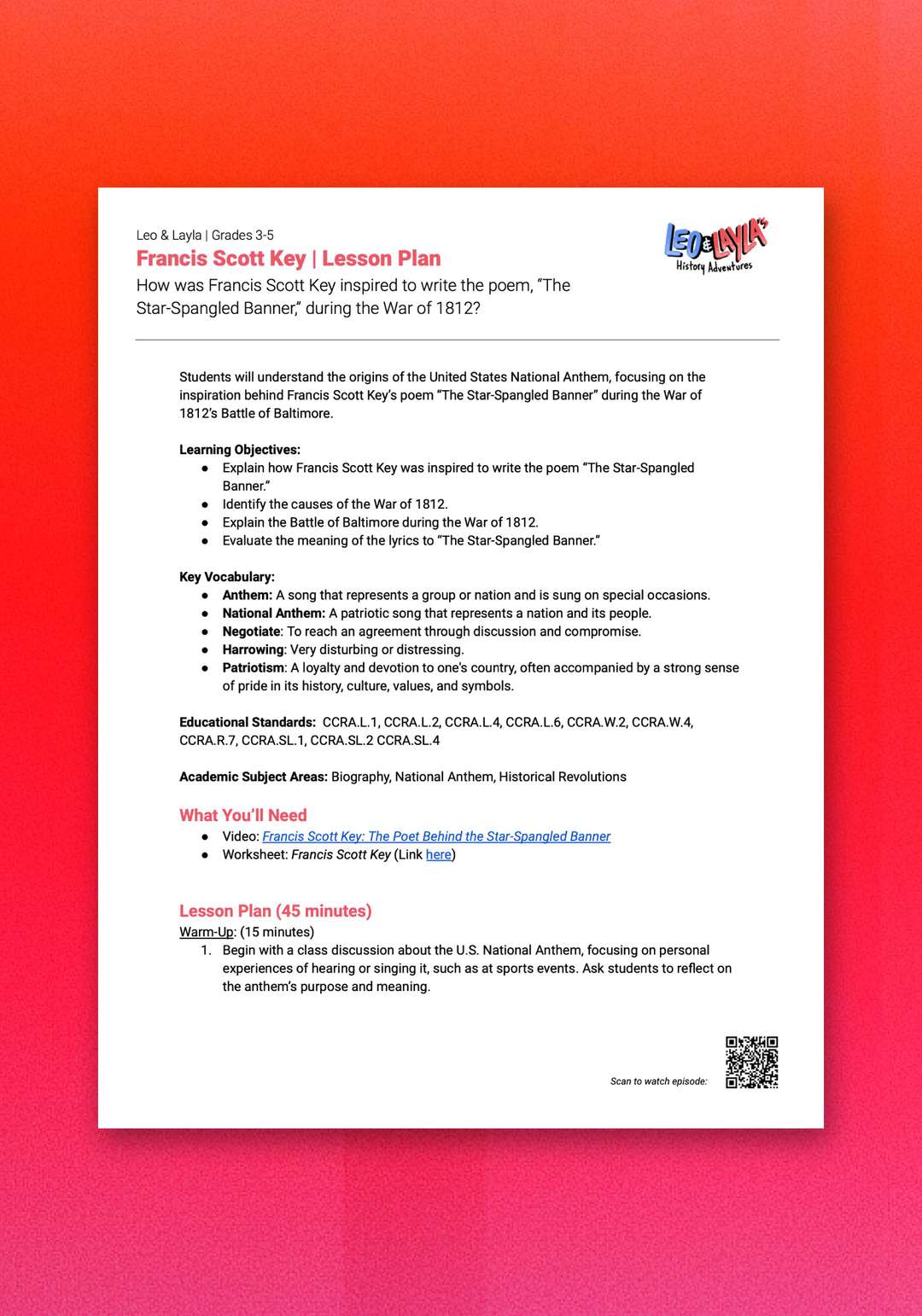 "Leo & Layla: Francis Scott Key" Lesson Plan 