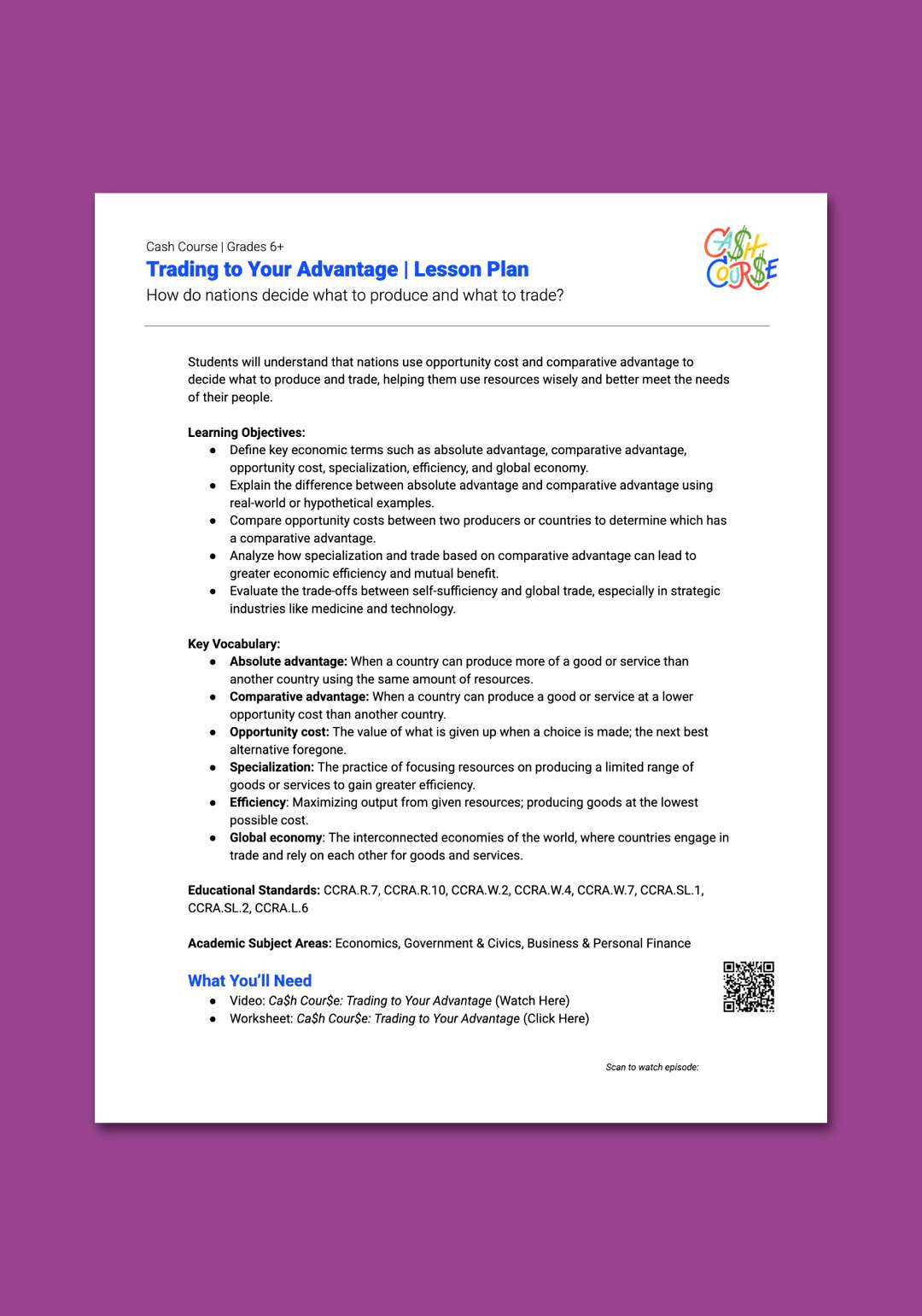 "Cash Course: Trading to Your Advantage" Lesson Plan