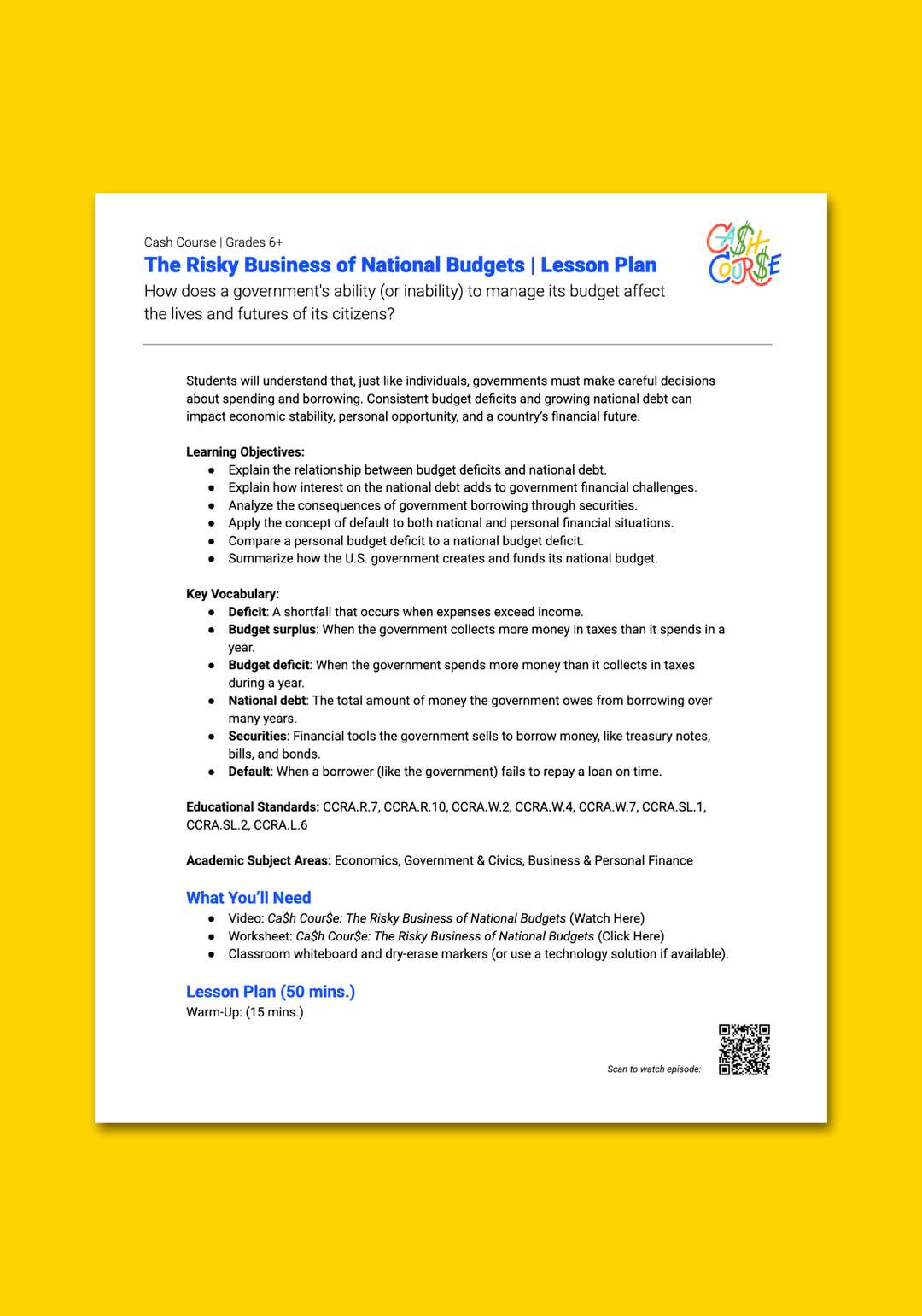 "Cash Course: The Risky Business of National Budgets" Lesson Plan