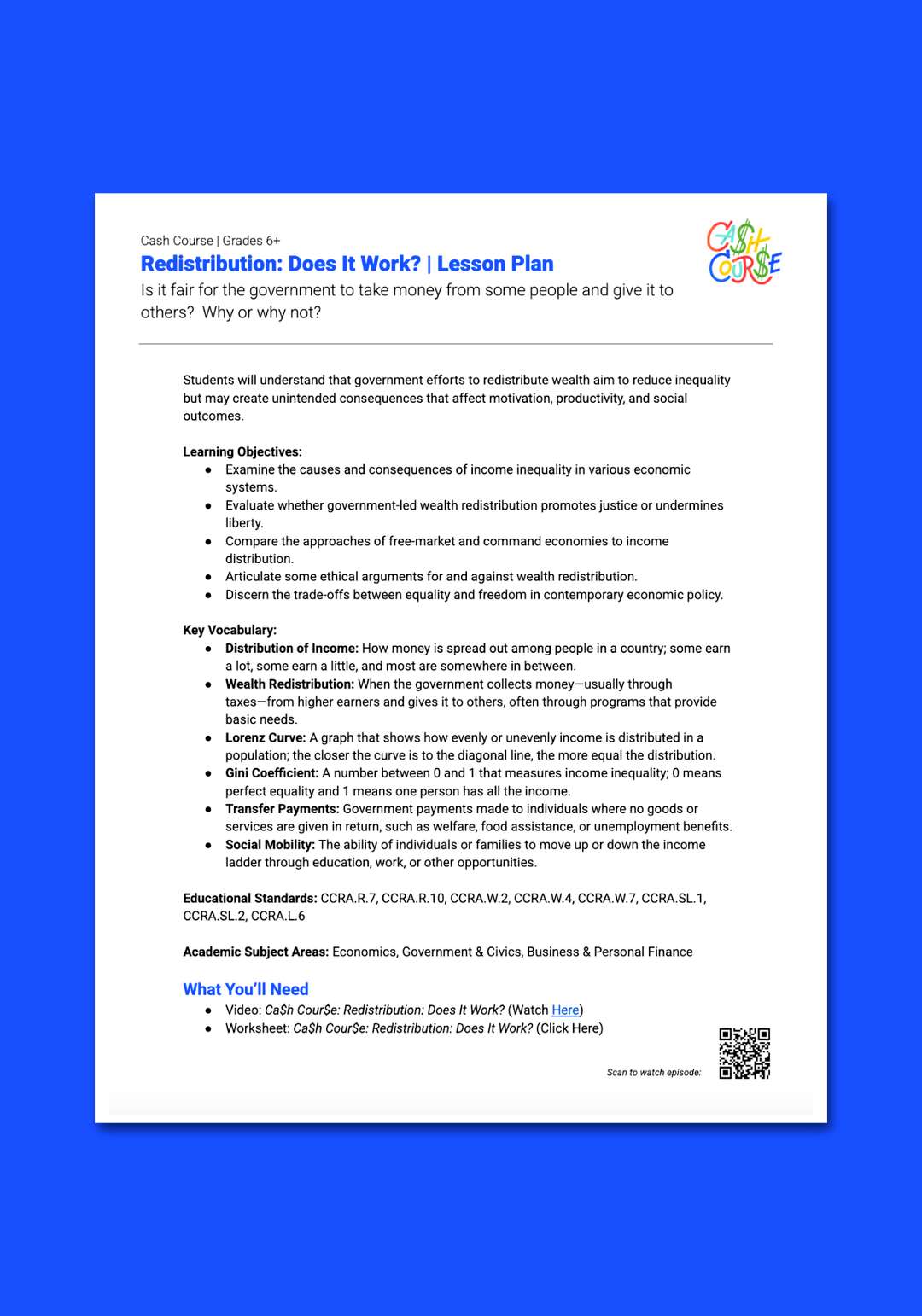 "Cash Course: Redistribution: Does It Work?" Lesson Plan