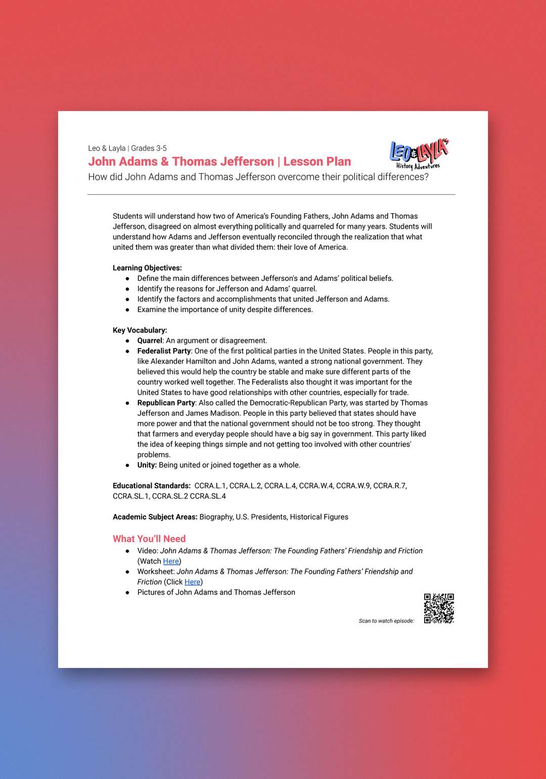 "Leo & Layla: John Adams & Thomas Jefferson" Lesson Plan 
