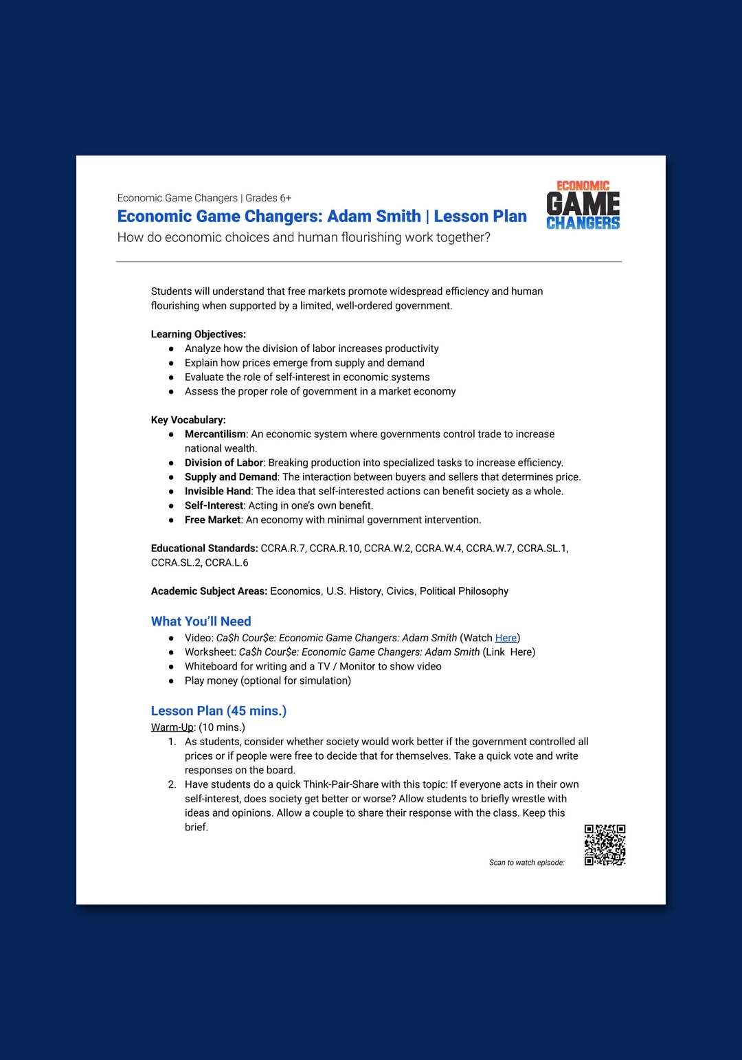 "Economic Game Changers: Adam Smith" Lesson Plan