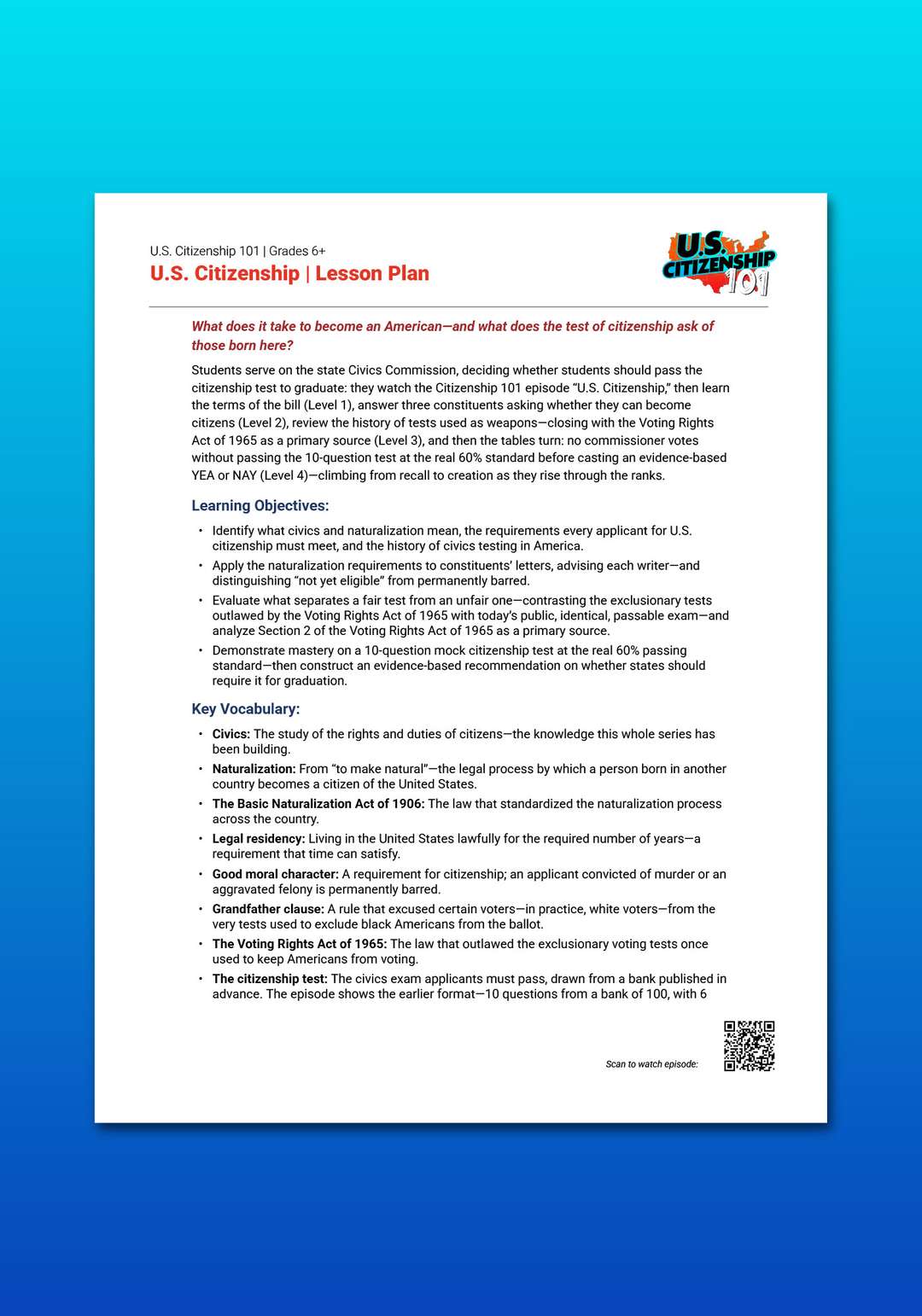 "U.S. Citizenship 101: U.S. Citizenship" Lesson Plan