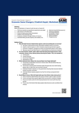 "Economic Game Changers: Friedrich Hayek" Worksheet