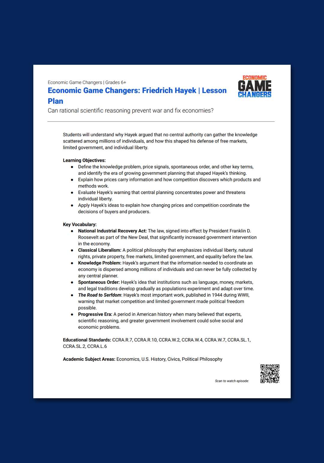 "Economic Game Changers: Friedrich Hayek" Lesson Plan