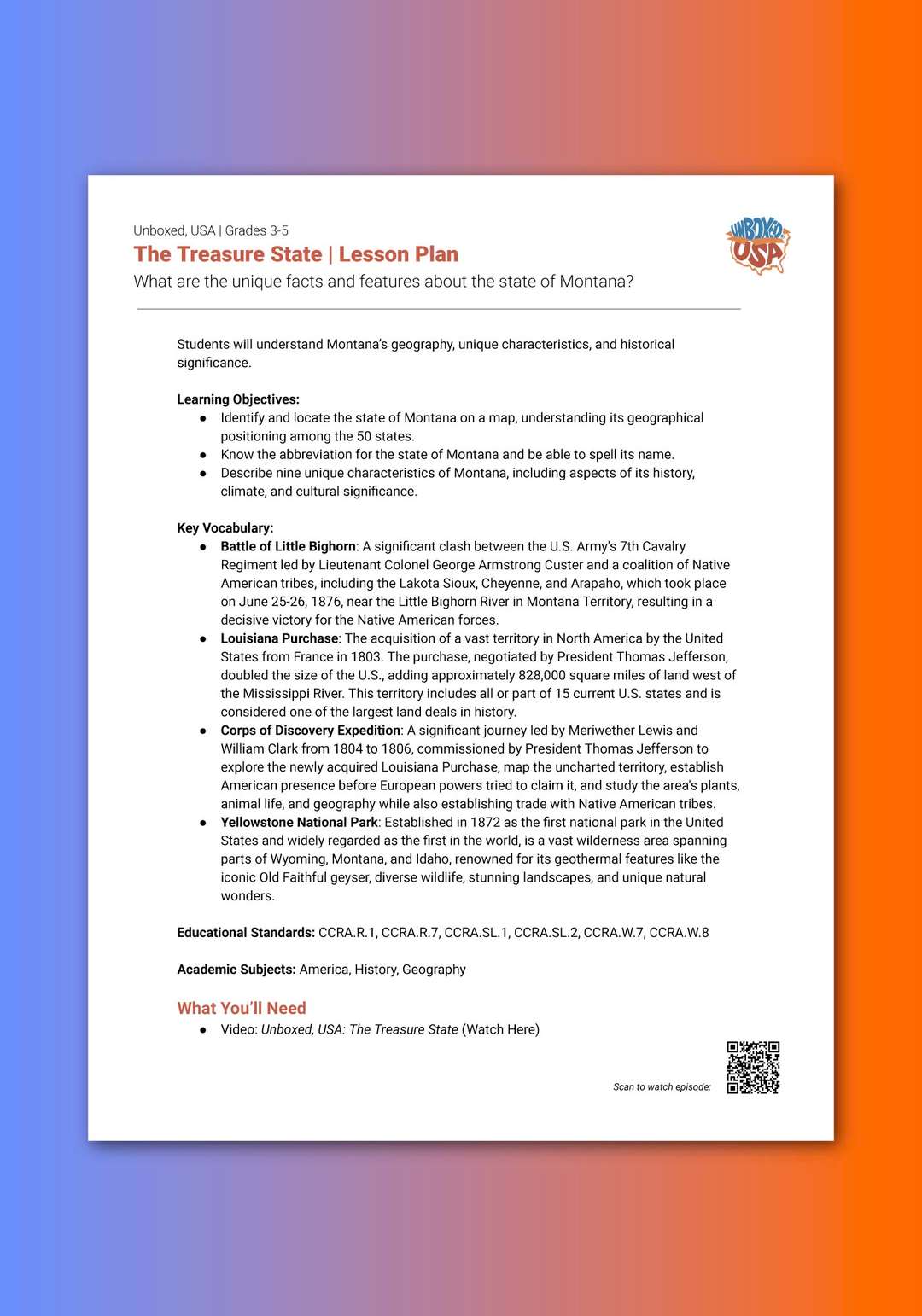 "Unboxed, USA: The Treasure State" Lesson Plan 