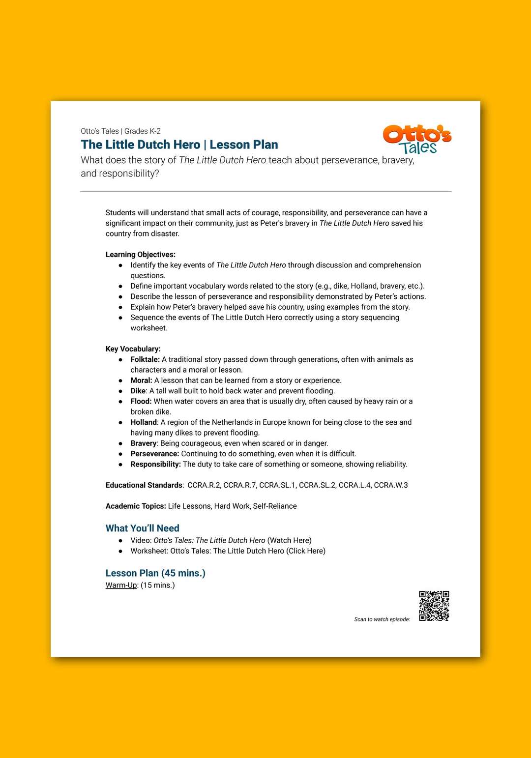 "Otto's Tales: The Little Dutch Hero" Lesson Plan 