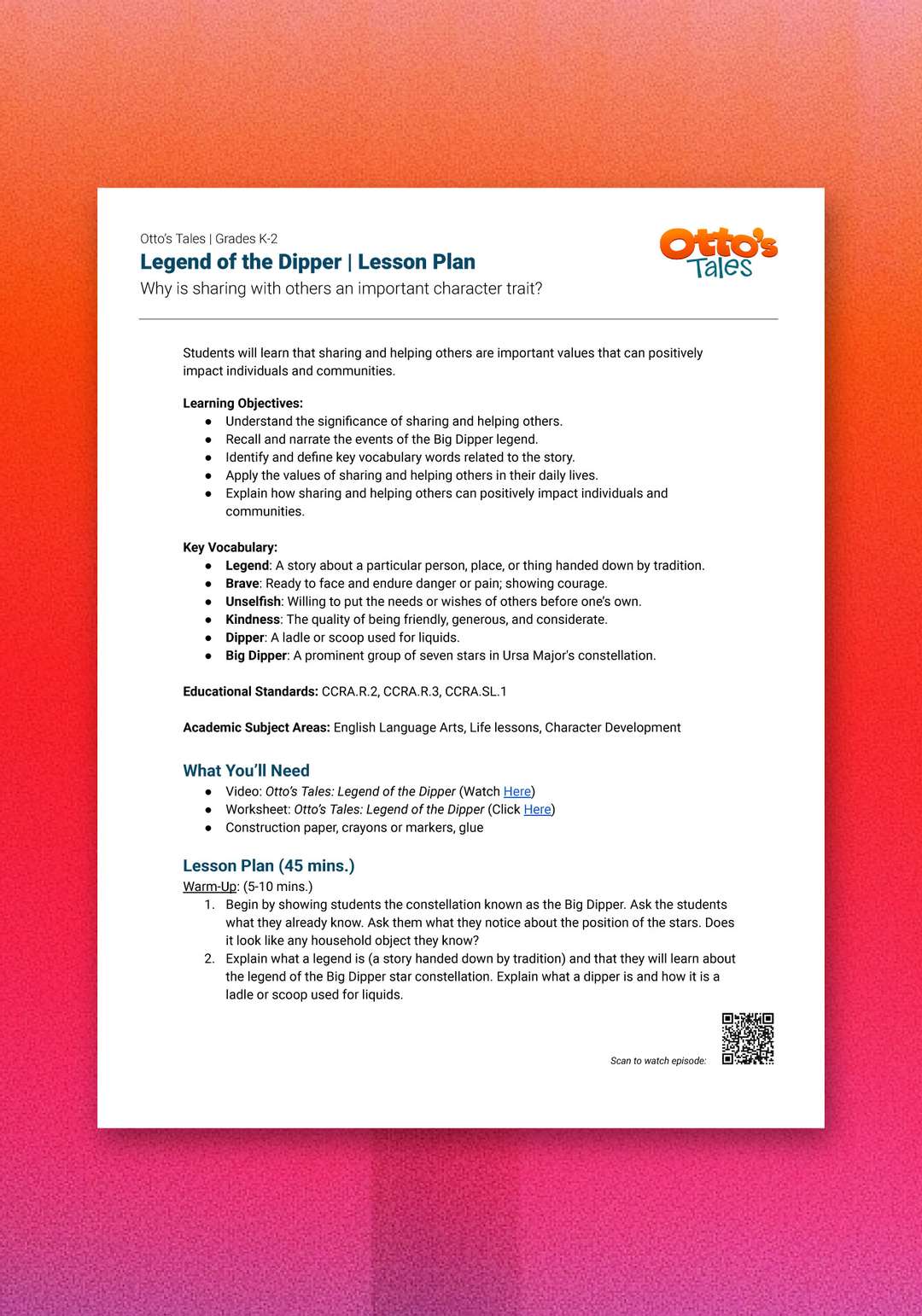 "Otto's Tales: Legend of the Dipper" Lesson Plan