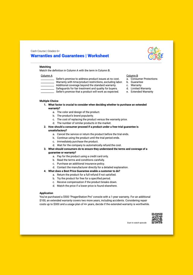 "Cash Course: Warranties and Guarantees" Worksheet