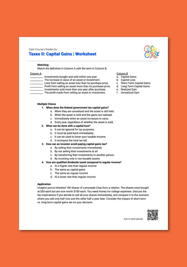 "Cash Course: Taxes II: Capital Gains" Worksheet