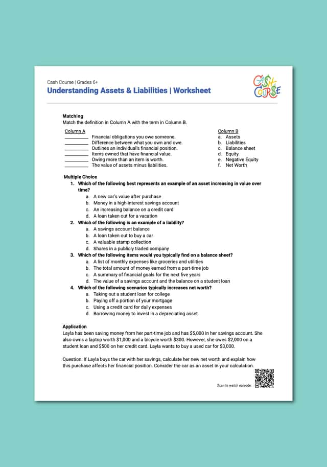 "Cash Course: Understanding Assets and Liabilities" Worksheet