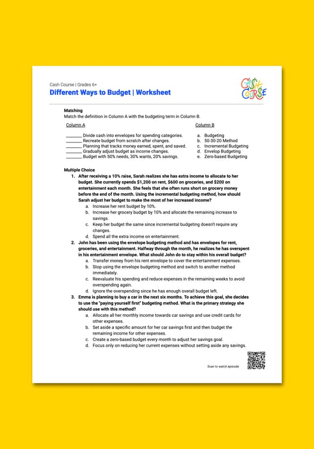 "Cash Course: Different Ways to Budget" Worksheet