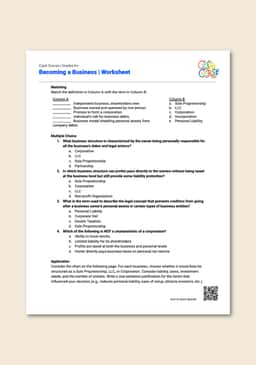 "Cash Course: Becoming a Business" Worksheet