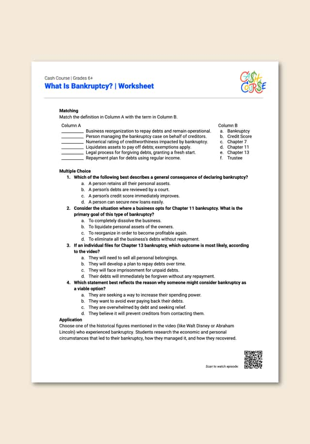 "Cash Course: What Is Bankruptcy?" Worksheet