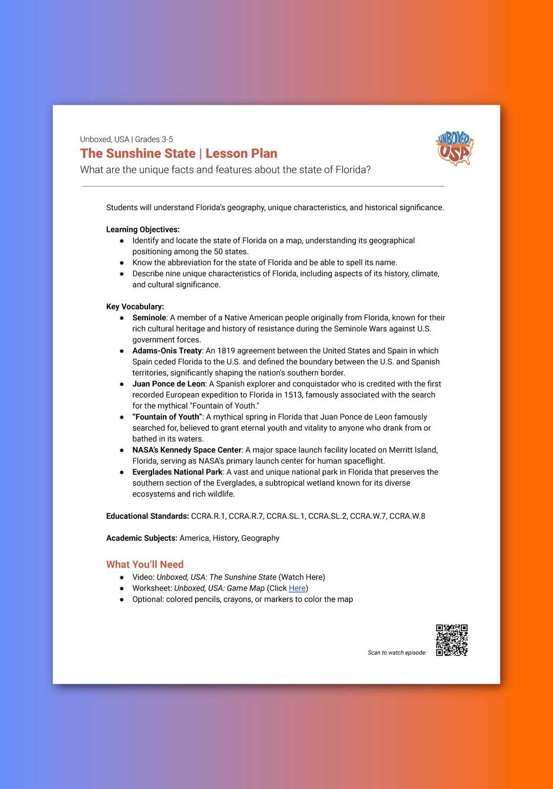 "Unboxed, USA: The Sunshine State" Lesson Plan