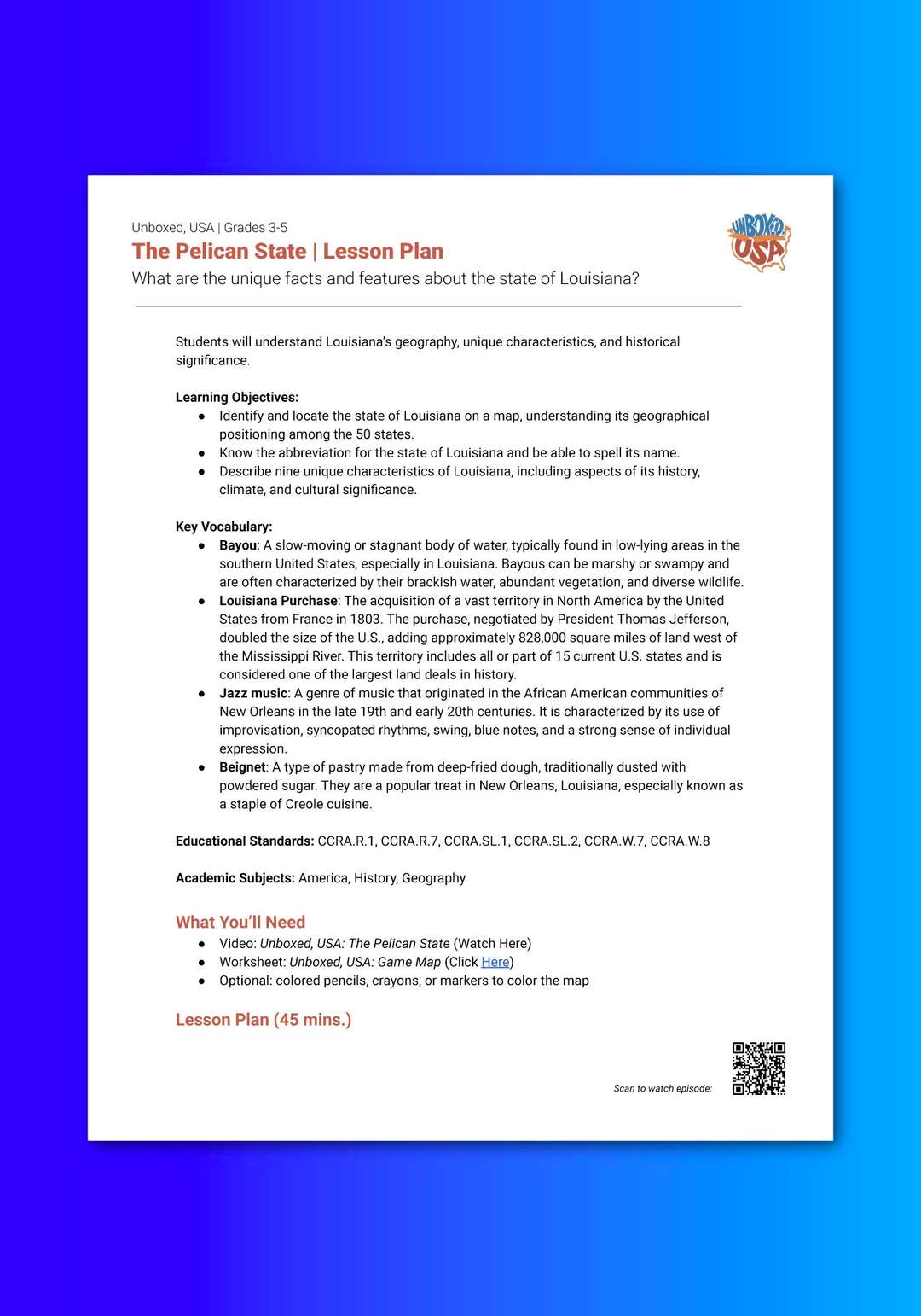 "Unboxed, USA: The Pelican State" Lesson Plan