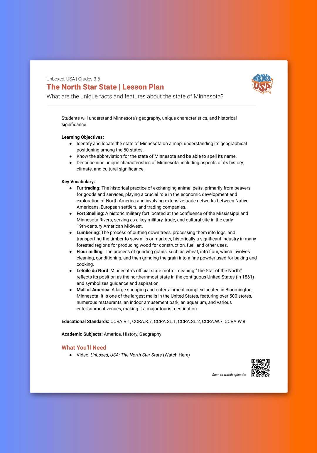 "Unboxed, USA: The North Star State" Lesson Plan