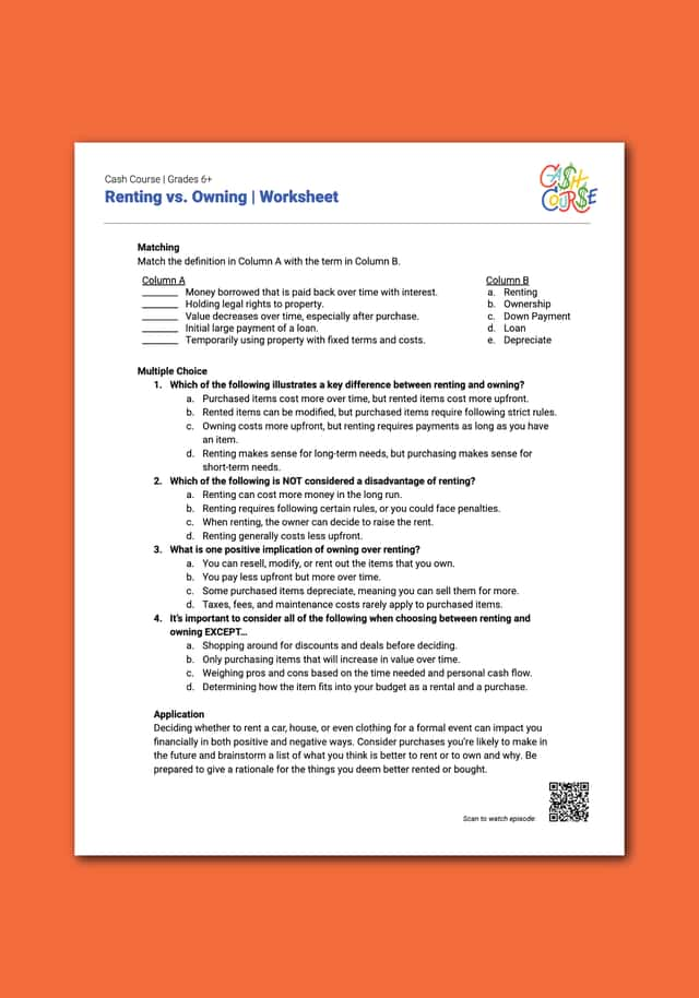 "Cash Course: Renting Vs. Owning" Worksheet