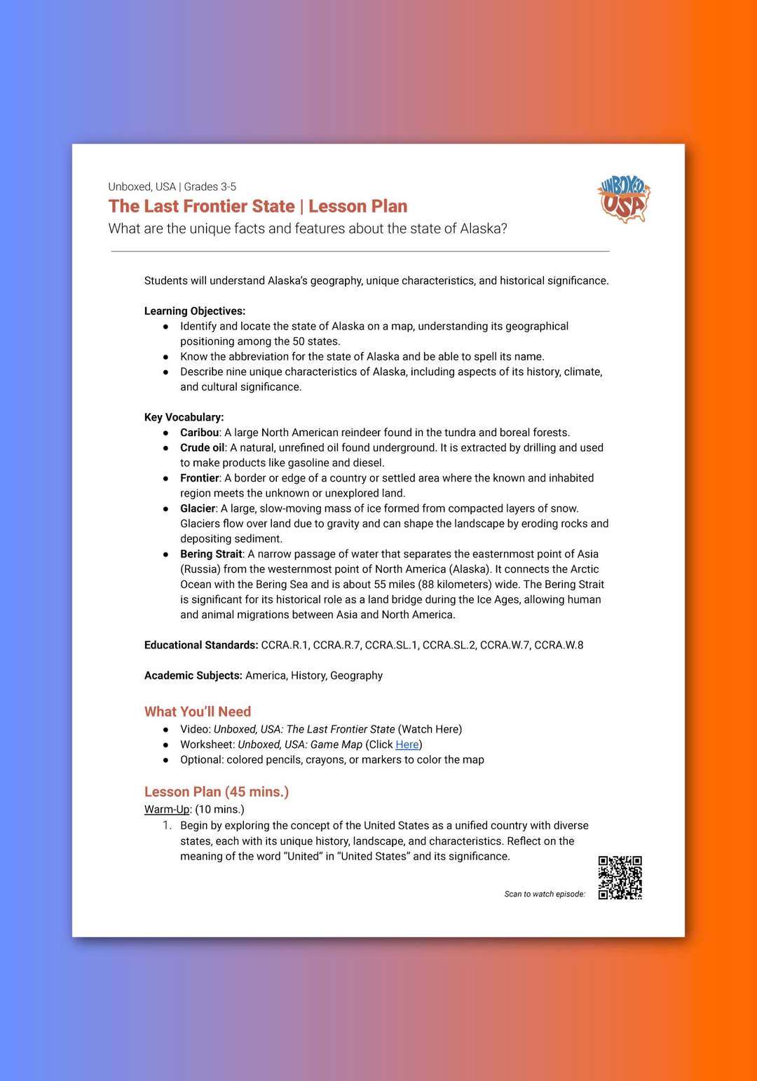 "Unboxed, USA: The Last Frontier State" Lesson Plan