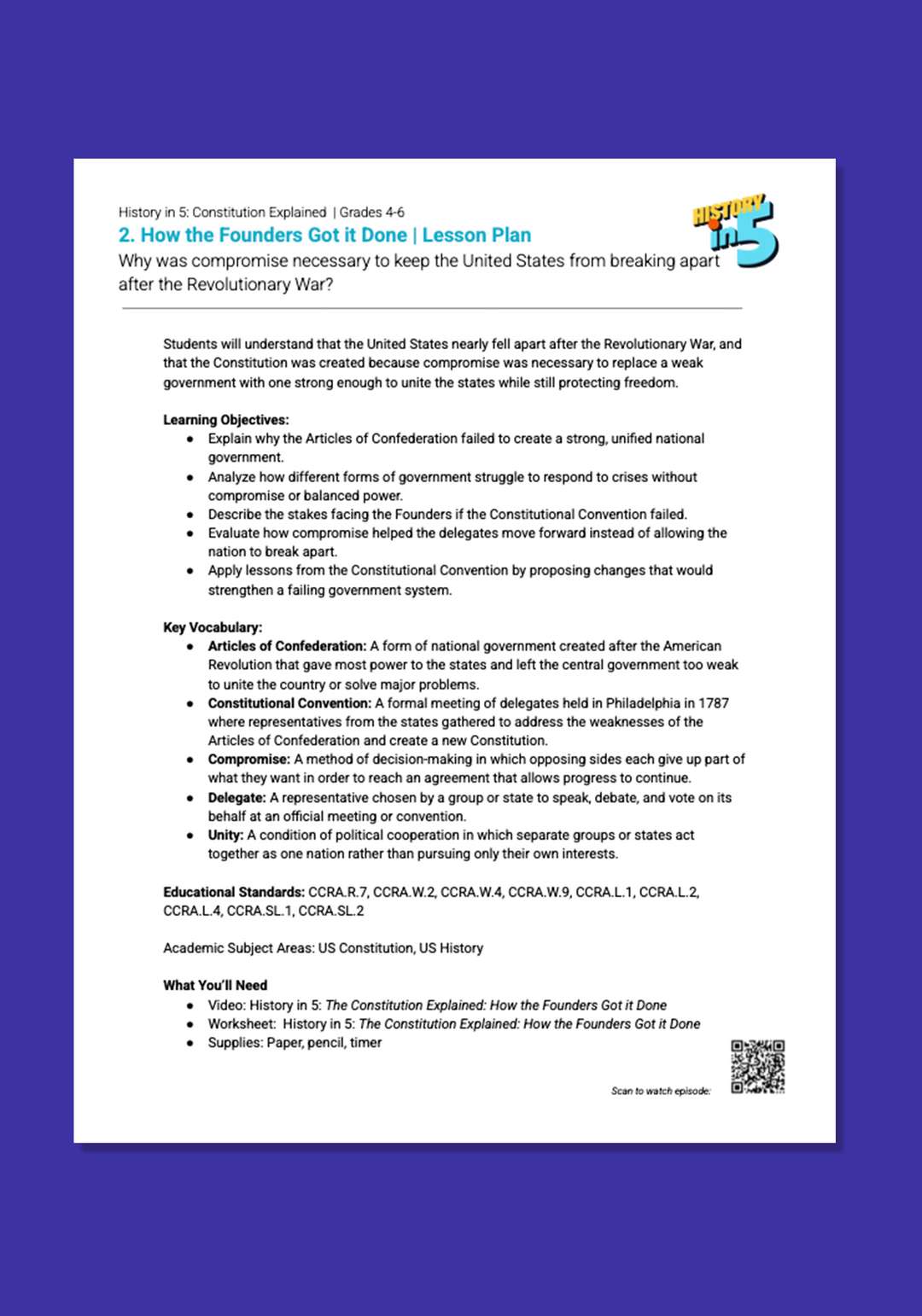 "History in 5: Constitution Explained—How the Founders Got It Done" Lesson Plan