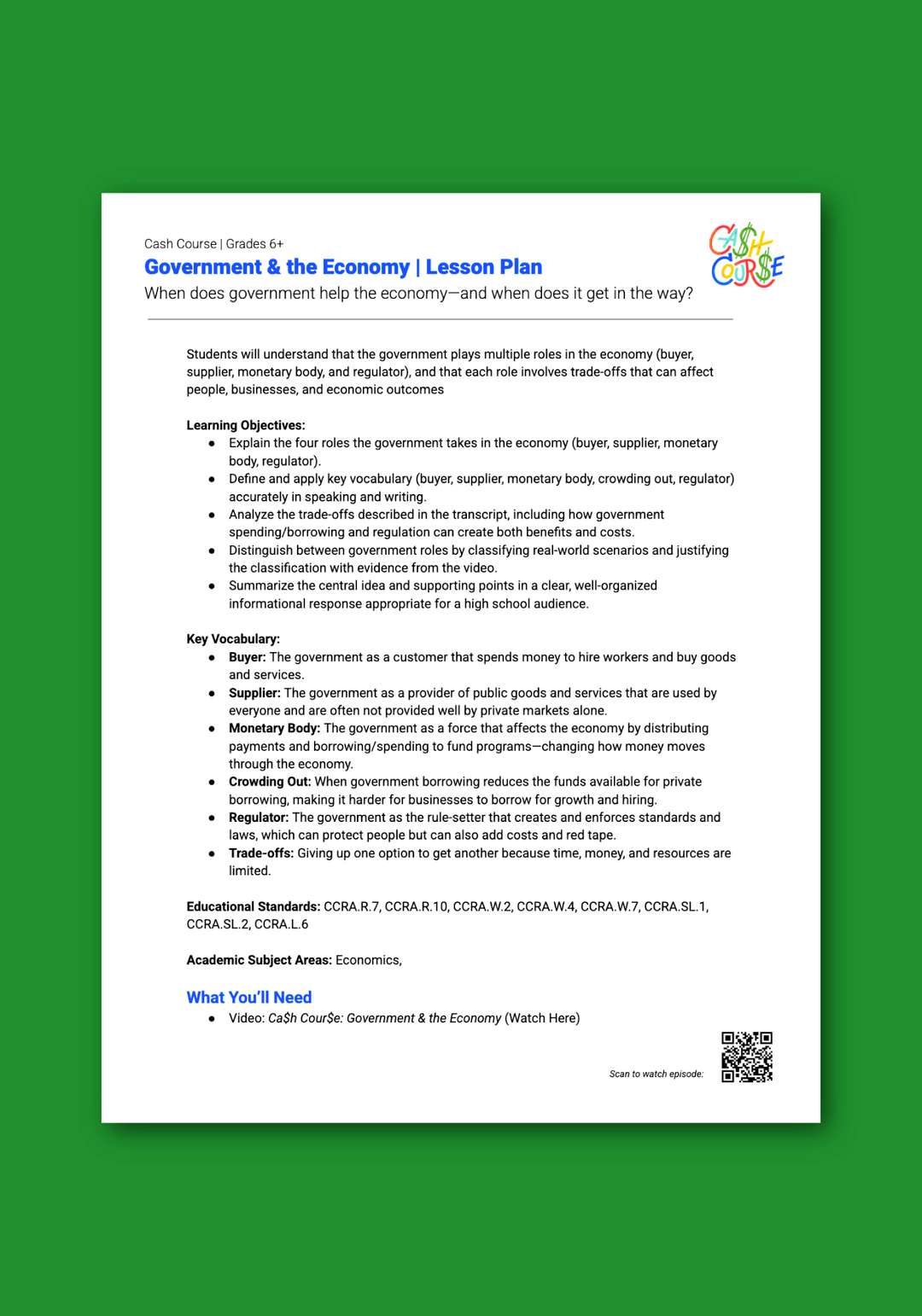 "Cash Course: The Government & the Economy" Lesson Plan