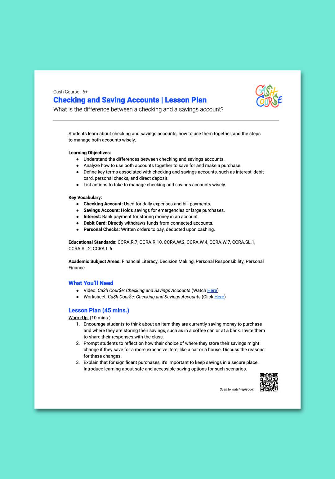 "Cash Course: Checking and Savings Accounts" Lesson Plan
