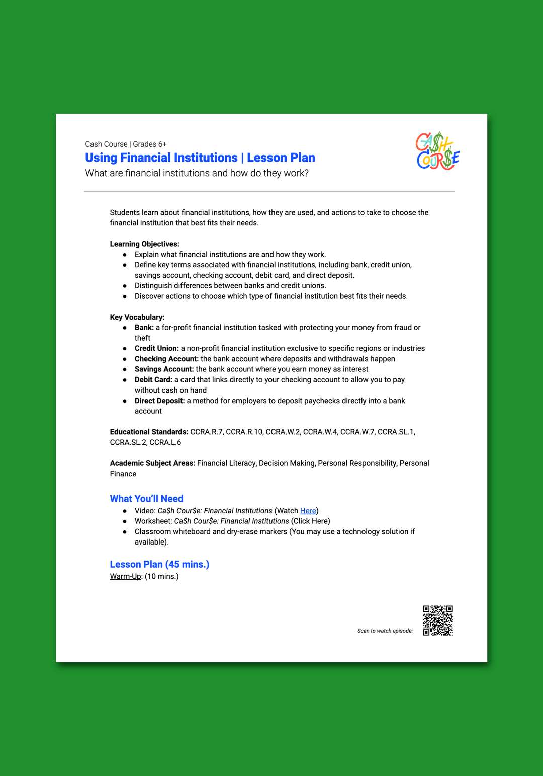"Cash Course: Using Financial Institutions" Lesson Plan