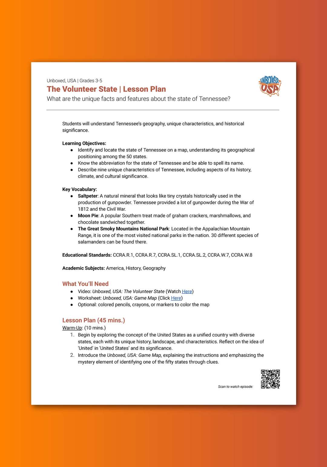 "Unboxed, USA: The Volunteer State" Lesson Plan