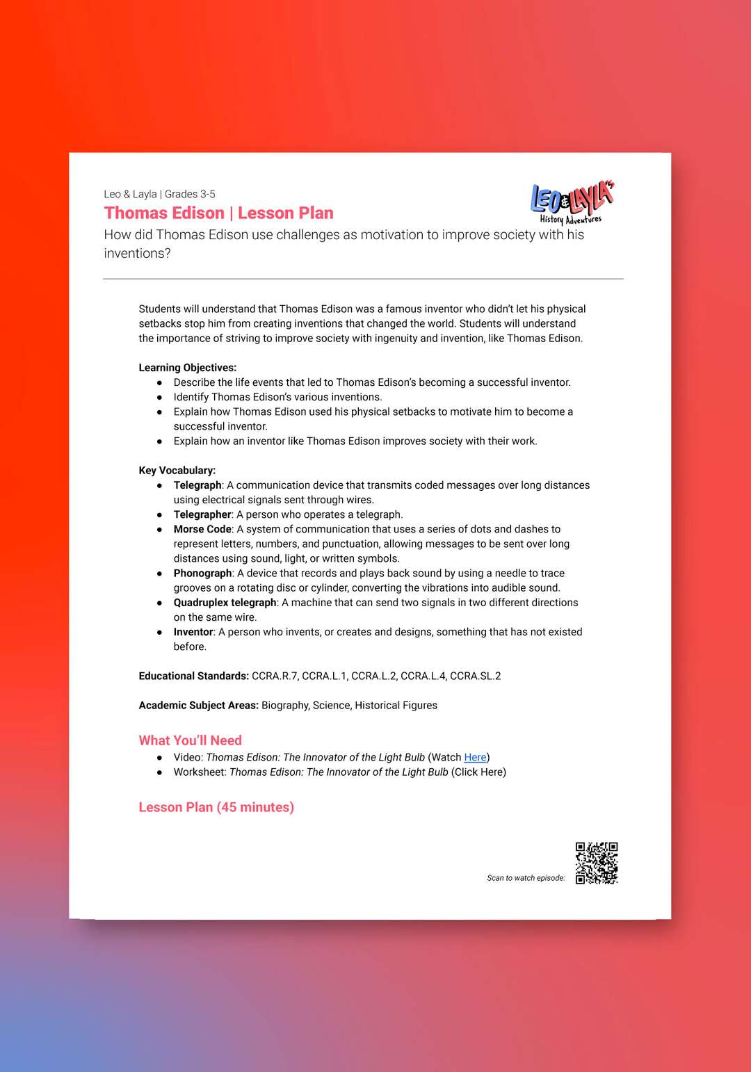 "Leo & Layla: Thomas Edison" Lesson Plan